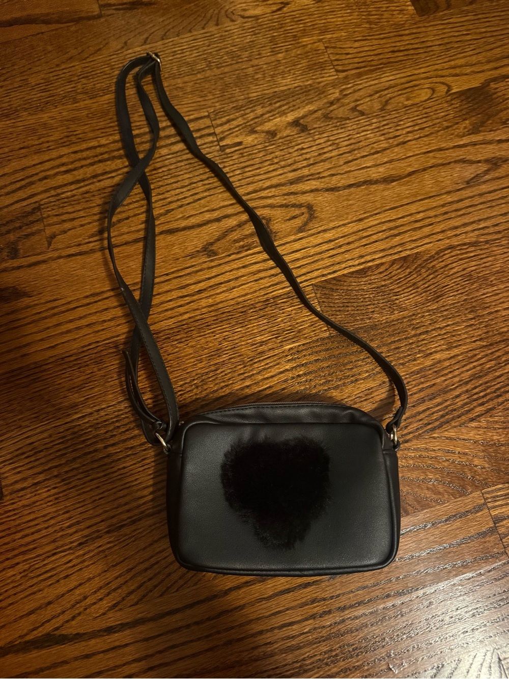Black Crossbody Bag with Heart Fur Accent - Women